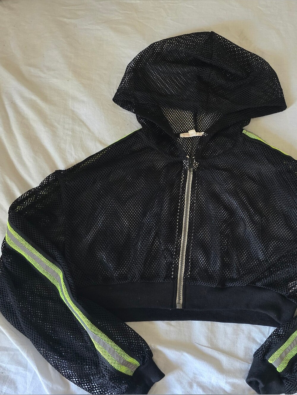 Women's Black Mesh Zip Hoodie with Neon Green Stripe